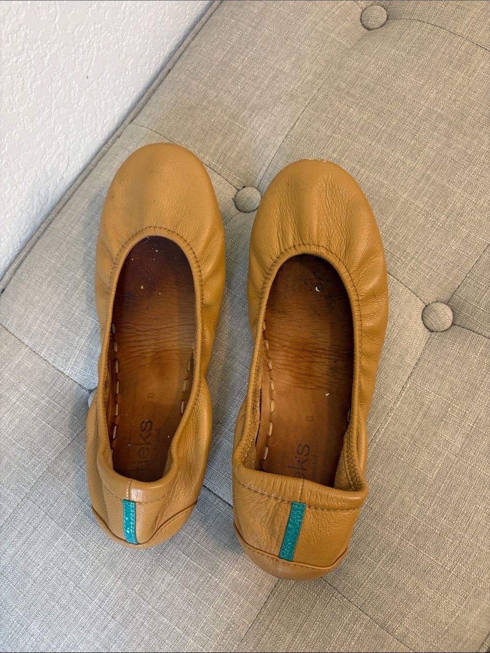 Tieks Tan Camel Brown Leather Ballet Flats with Teal Heel Tab
